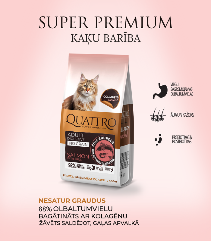 Quattro dry cat food with salmon, krill and collagen for adult cats with sensitive digestion