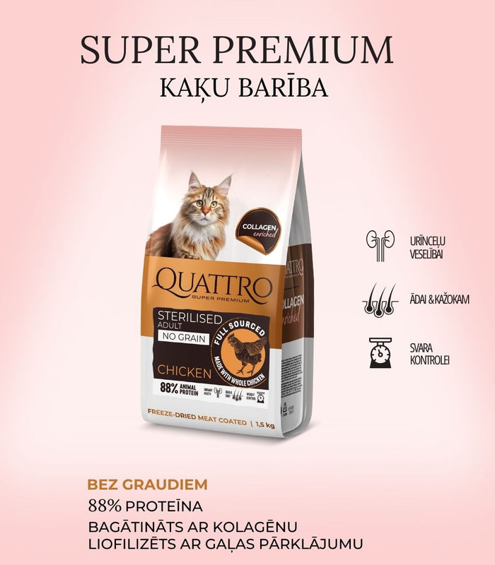 Quattro sausā kaķu barība ar vistas gaļu pieaugušiem sterilizētiem kaķiem