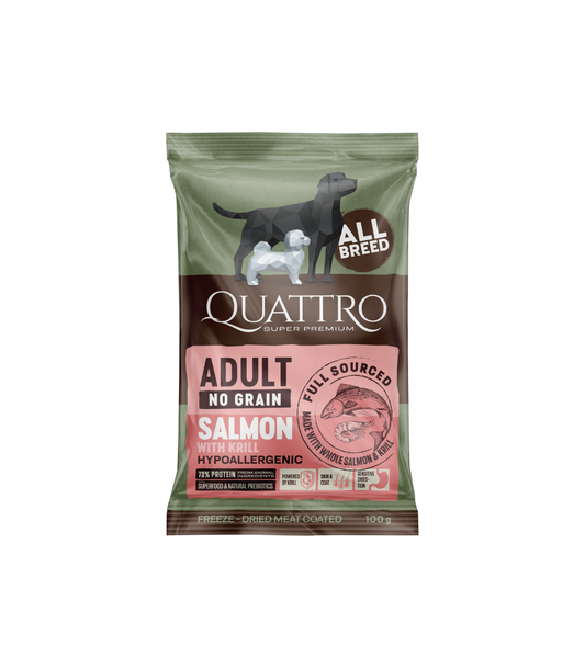 Paraugs: visu šķirņu pieaugušo suņu barība bez graudiem ar lasi un krilu