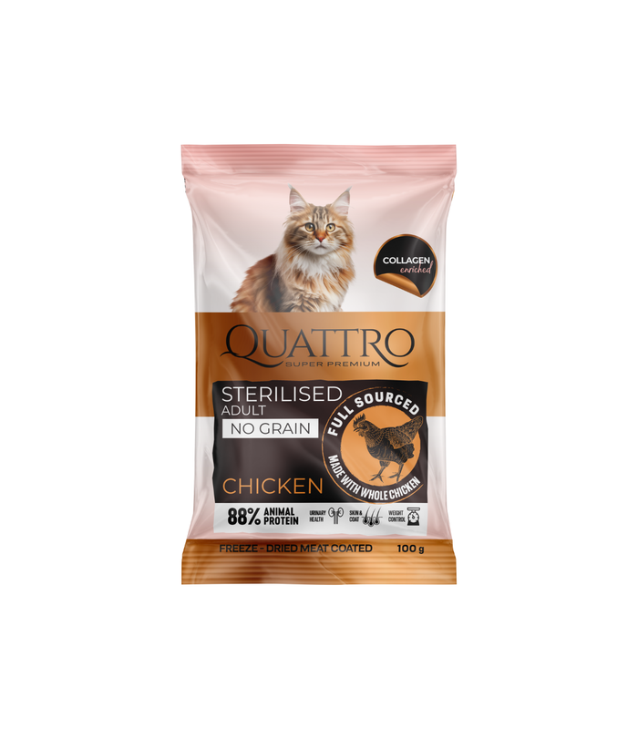 Paraugs: Quattro sausā kaķu barība ar vistas gaļu pieaugušiem sterilizētiem kaķiem