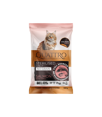 Paraugs: Quattro sausā kaķu barība ar lasi, krilu un kolagēnu pieaugušiem sterilizētiem kaķiem