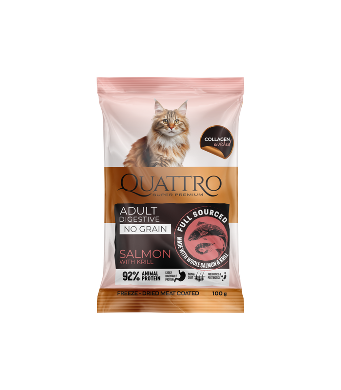 Paraugs: Quattro sausā kaķu barība ar lasi, krilu un kolagēnu pieaugušiem kaķiem ar jutīgu gremošanu