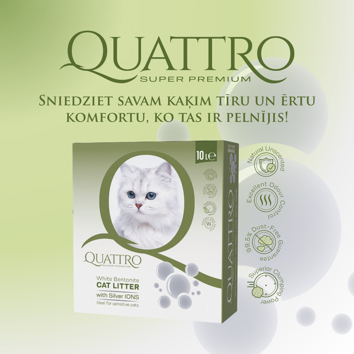QUATTRO baltā bentonīta kaķu pakaiši ar sudraba joniem, 10L