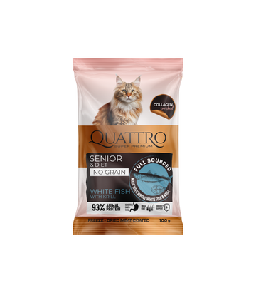 Paraugs: Quattro pilnvērtīga sausā kaķu barība ar baltajām zivīm un krilu kaķiem-senioriem un kaķiem ar lieko svaru