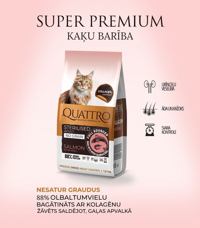 Quattro sausā kaķu barība ar lasi, krilu un kolagēnu pieaugušiem sterilizētiem kaķiem