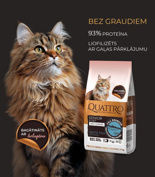 Quattro pilnvērtīga sausā kaķu barība ar baltajām zivīm un krilu kaķiem-senioriem un kaķiem ar lieko svaru
