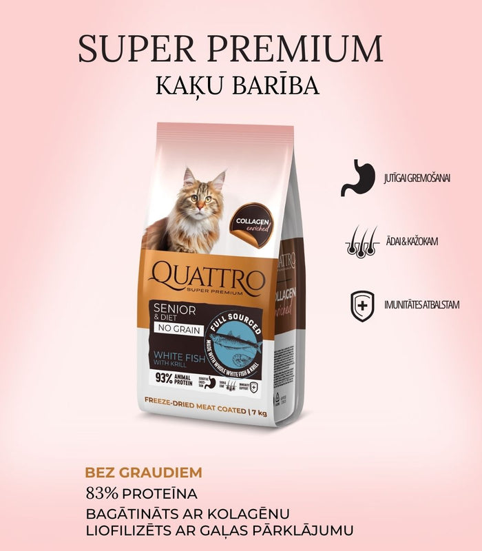Quattro pilnvērtīga sausā kaķu barība ar baltajām zivīm un krilu kaķiem-senioriem un kaķiem ar lieko svaru