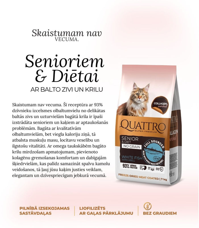 Quattro pilnvērtīga sausā kaķu barība ar baltajām zivīm un krilu kaķiem-senioriem un kaķiem ar lieko svaru