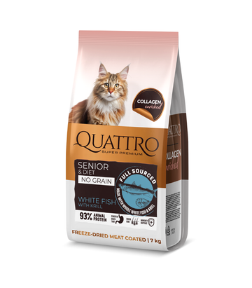 Quattro pilnvērtīga sausā kaķu barība ar baltajām zivīm un krilu kaķiem-senioriem un kaķiem ar lieko svaru