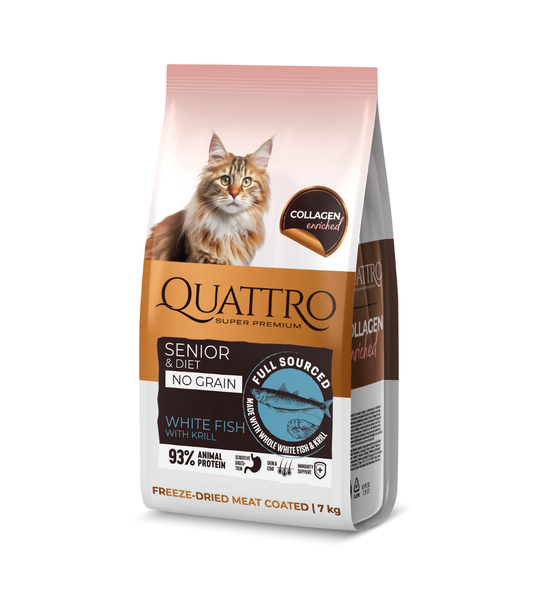 Quattro pilnvērtīga sausā kaķu barība ar baltajām zivīm un krilu kaķiem-senioriem un kaķiem ar lieko svaru