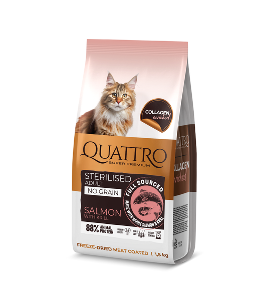 Quattro sausā kaķu barība ar lasi, krilu un kolagēnu pieaugušiem sterilizētiem kaķiem