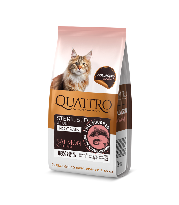 Quattro sausā kaķu barība ar lasi, krilu un kolagēnu pieaugušiem sterilizētiem kaķiem