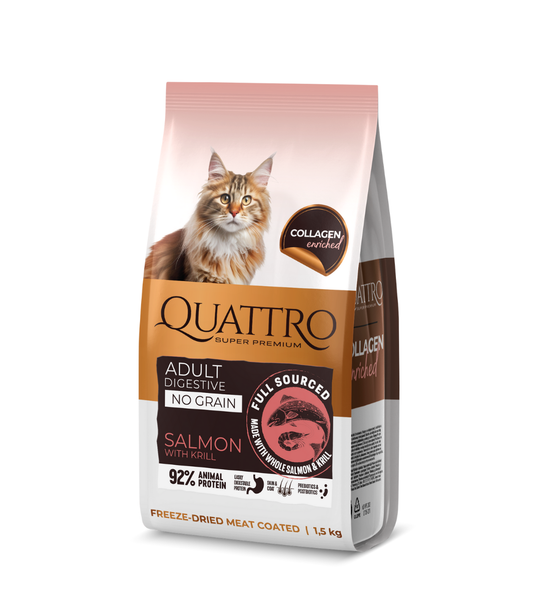 Quattro sausā kaķu barība ar lasi, krilu un kolagēnu pieaugušiem kaķiem ar jutīgu gremošanu