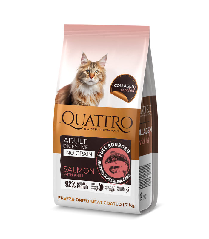 Quattro sausā kaķu barība ar lasi, krilu un kolagēnu pieaugušiem kaķiem ar jutīgu gremošanu