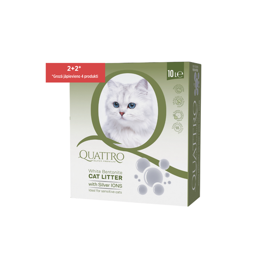 QUATTRO baltā bentonīta kaķu pakaiši ar sudraba joniem, 10L