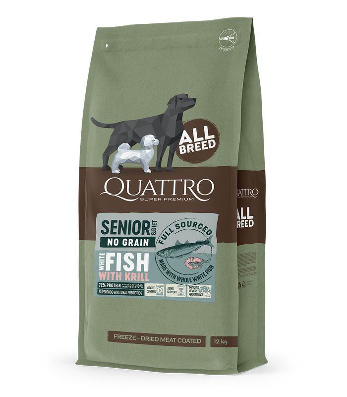 Dog food senior/diet all breed no grain with white fish and krill