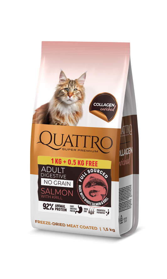 Sausā kaķu barība ar lasi, krilu un kolagēnu pieaugušiem kaķiem ar jutīgu gremošanu 1kg+0,5kg