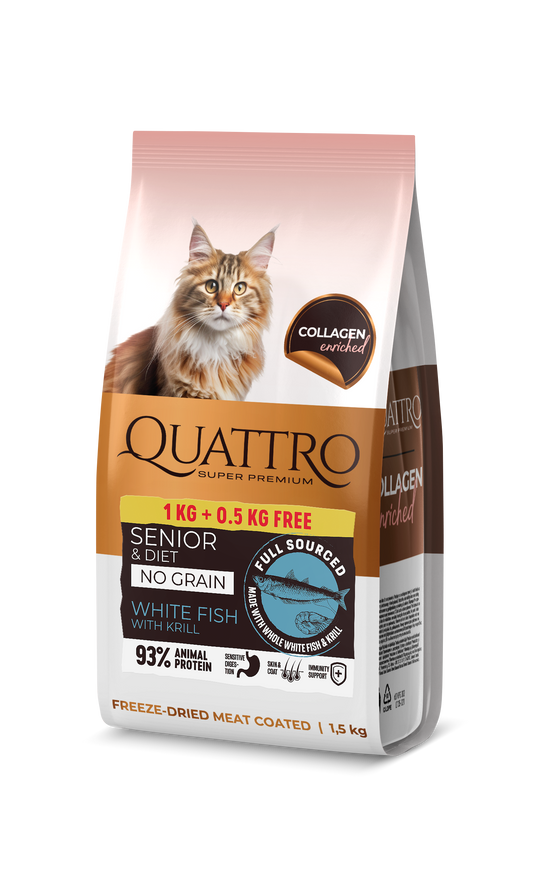 Pilnvērtīga sausā kaķu barība ar baltajām zivīm un krilu kaķiem-senioriem un kaķiem ar lieko svaru 1kg+0,5kg