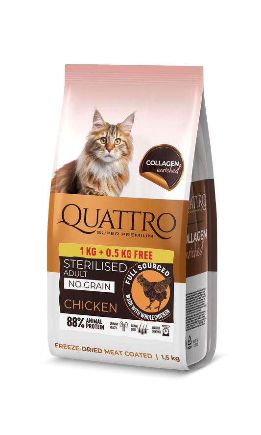 Sausā kaķu barība ar vistas gaļu pieaugušiem sterilizētiem kaķiem 1 kg+0,5kg