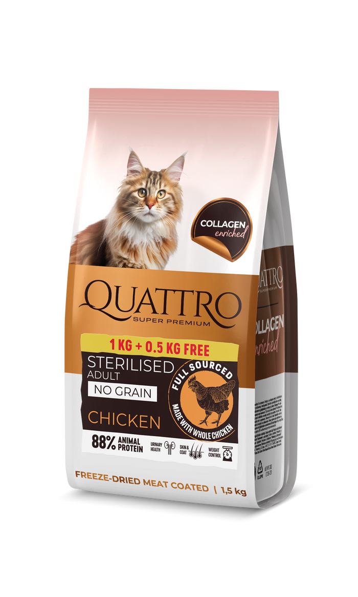 Dry cat food with chicken and collagen for adult sterilised cats