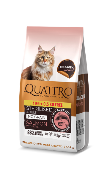 Dry cat food with salmon, krill and collagen for adult sterilised cats