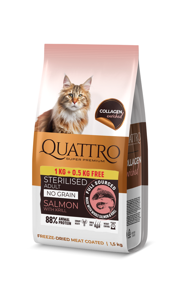 Dry cat food with salmon, krill and collagen for adult sterilised cats