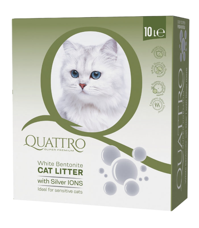 QUATTRO baltā bentonīta kaķu pakaiši ar sudraba joniem, 10L